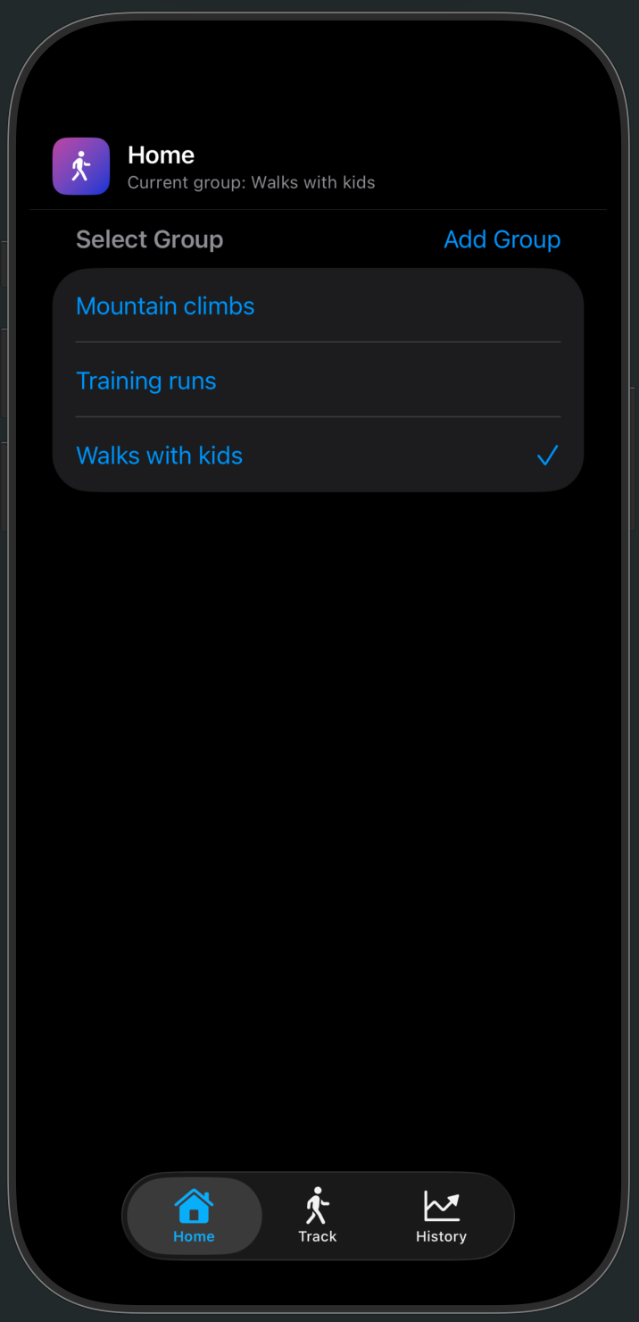 Home tab showing step tracking groups