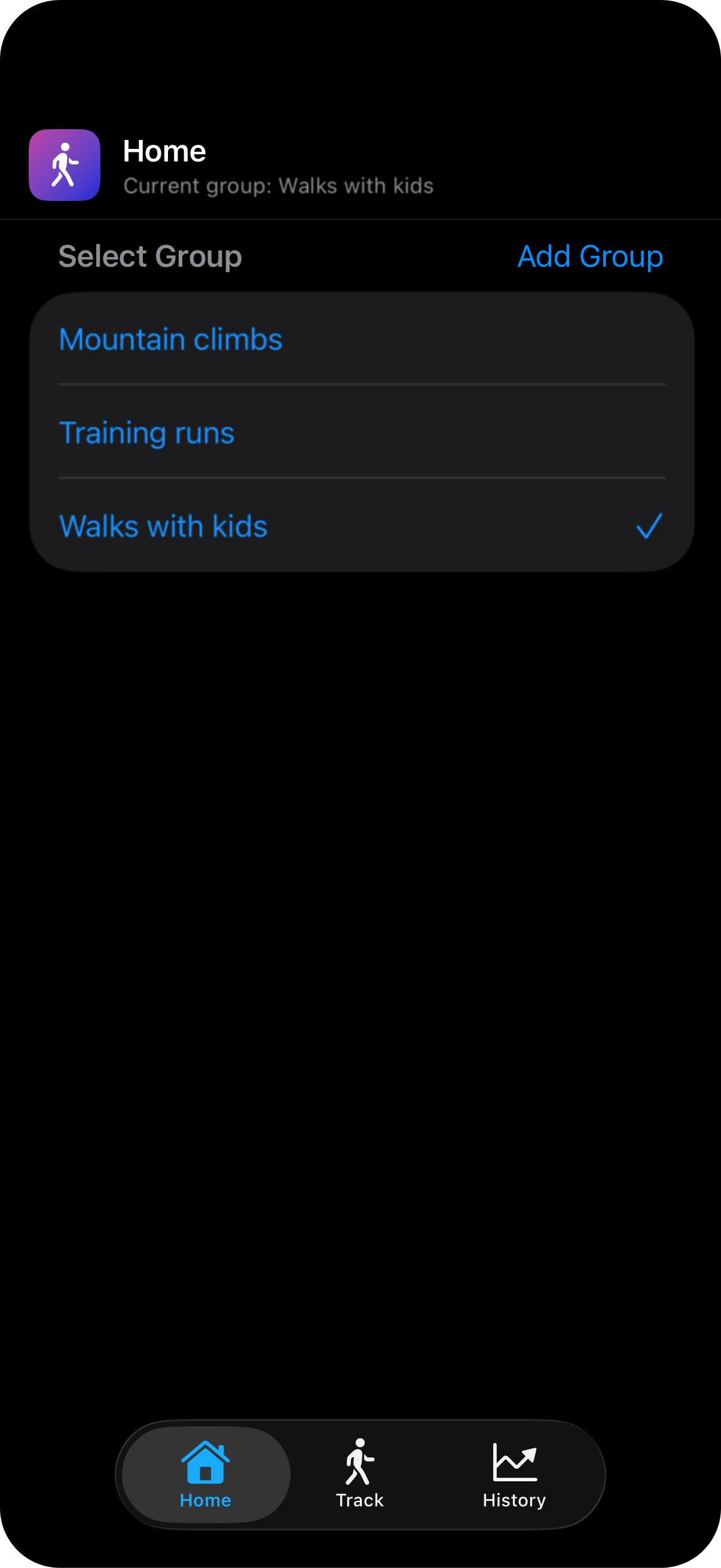 Home tab showing step tracking groups